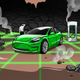 An illustration of a green electric vehicle plugged into a charging station surrounded by piles of coal.